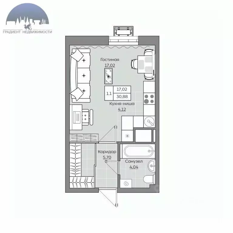 Студия Татарстан, Казань Отражение жилой комплекс (30.88 м) - Фото 2