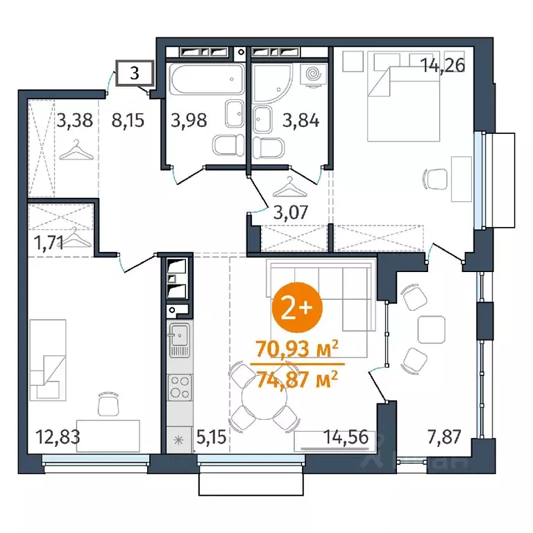 2-к кв. Тюменская область, Тюмень ул. Тимофея Кармацкого, 17 (70.93 м) - Фото 0