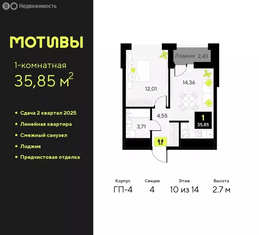 1-комнатная квартира: Тюмень, жилой комплекс Мотивы (35.85 м) - Фото 0