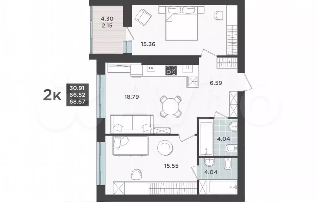 2-к. квартира, 66,5 м, 5/9 эт. - Фото 1