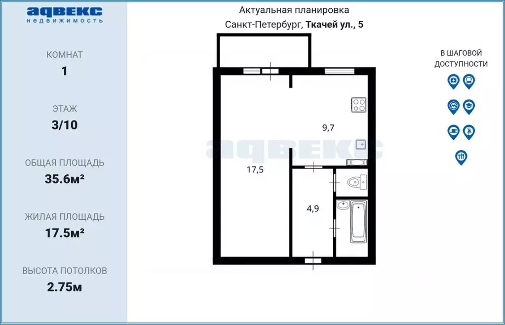 1-к кв. Санкт-Петербург ул. Ткачей, 5 (35.6 м) - Фото 2