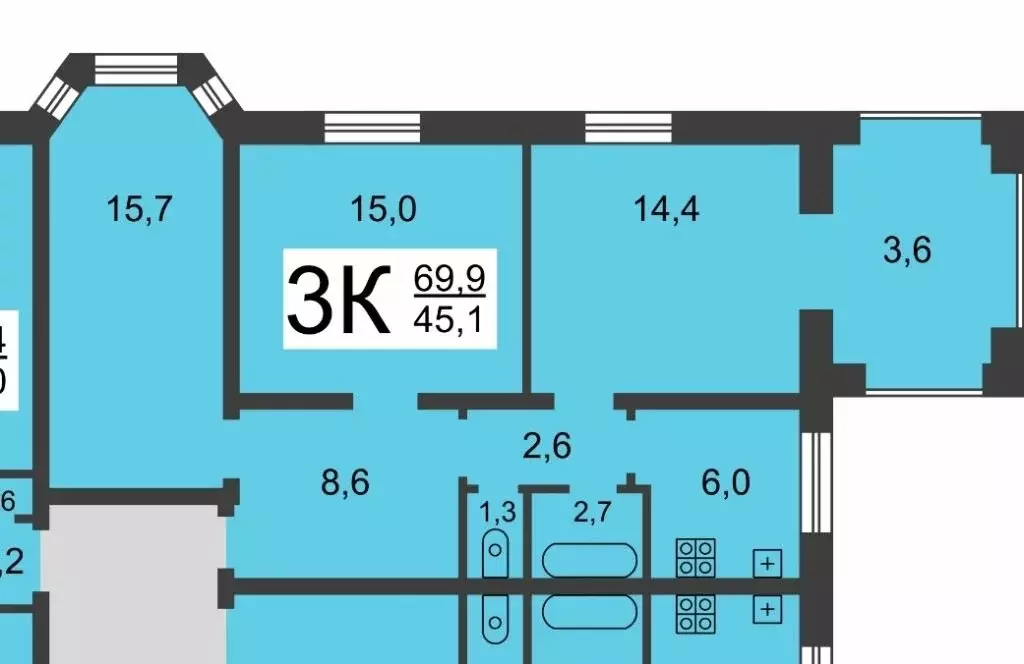 1к в 3-комнатной квартире (15.7 м) - Фото 1