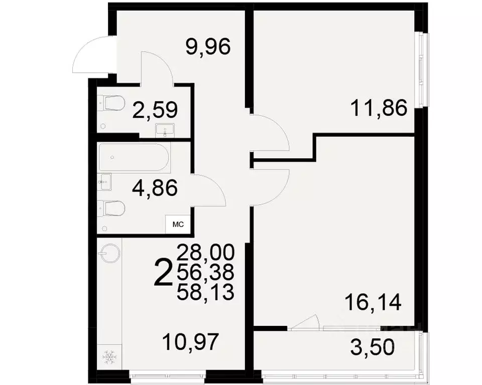 2-к кв. Рязанская область, Рязань ул. Бирюзова (56.38 м) - Фото 0