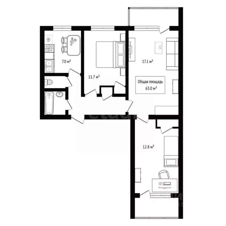 3-к кв. Новосибирская область, Новосибирск ул. Петухова, 38/1 (63.0 м) - Фото 1