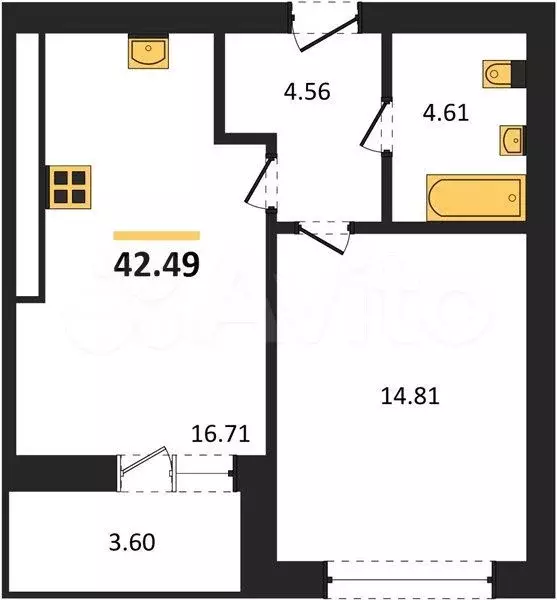 1-к. квартира, 42,5 м, 1/9 эт. - Фото 1