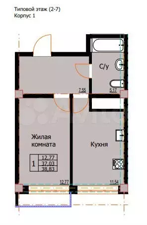 1-к. квартира, 38,8 м, 3/8 эт. - Фото 1