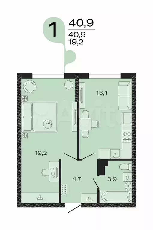 1-к. квартира, 40,9 м, 2/4 эт. - Фото 0