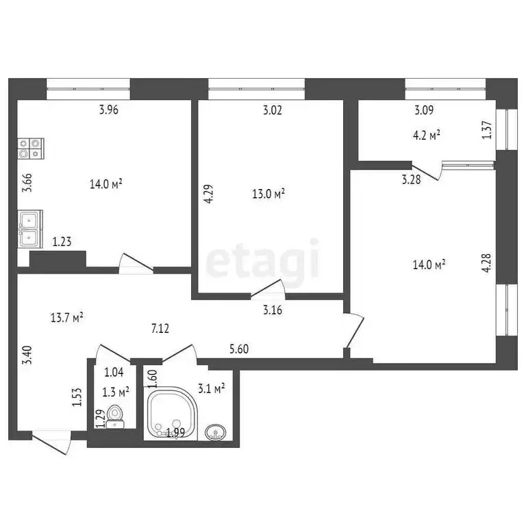 2-комнатная квартира: Тюмень, улица Мельникайте, 38к1 (63.1 м) - Фото 1