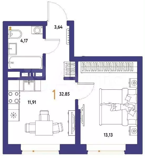 1-к. квартира, 32,9 м, 13/13 эт. - Фото 1