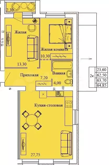 2-к. квартира, 64,9 м, 3/3 эт. - Фото 0