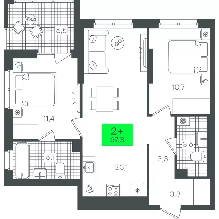 2-к кв. Тюменская область, Тюмень ул. Василия Малкова, 19 (67.37 м) - Фото 0