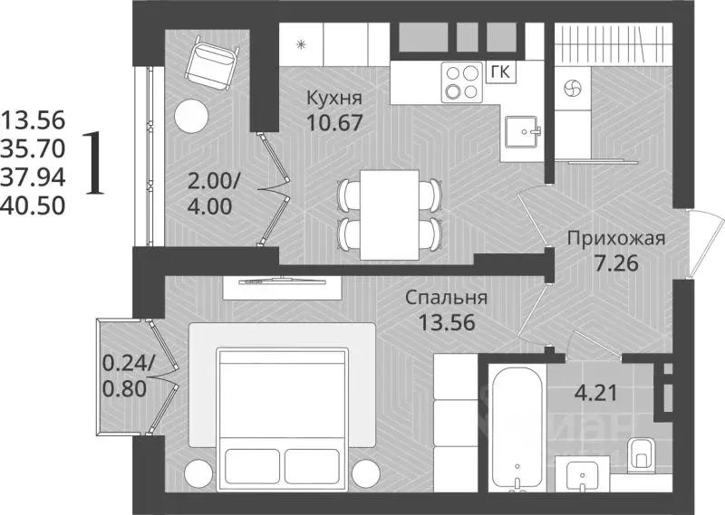 1-к кв. Калининградская область, Калининград Осенняя ул., 34 (37.94 м) - Фото 1