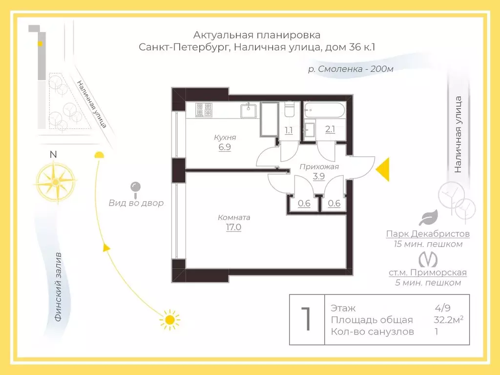 1-к кв. Санкт-Петербург Наличная ул., 36К1 (32.2 м) - Фото 1