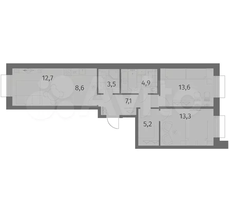 3-к. квартира, 68,9 м, 2/6 эт. - Фото 0