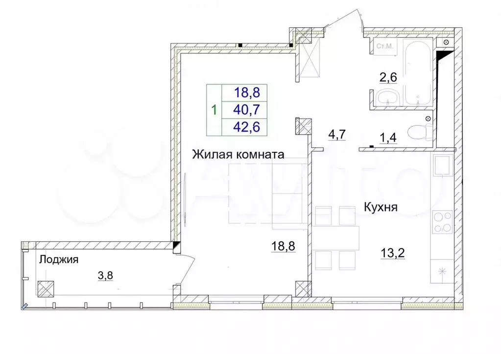 1-к. квартира, 42,6м, 14/16эт. - Фото 1