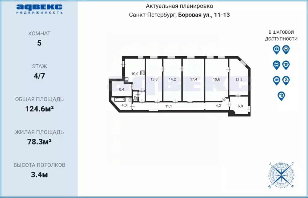 5-к кв. Санкт-Петербург Боровая ул., 11-13 (124.6 м) - Фото 2