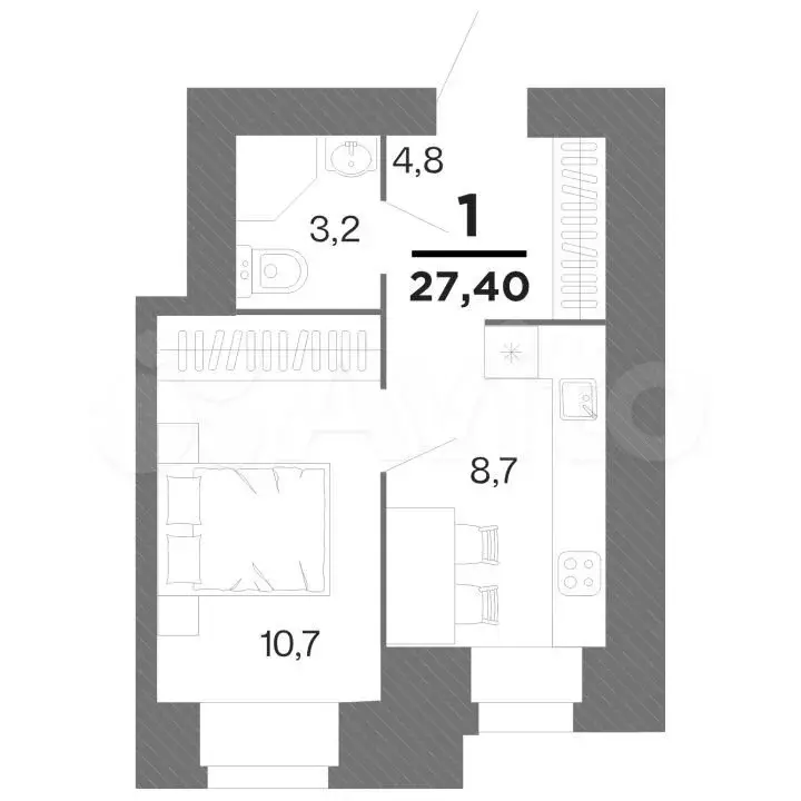 1-к. квартира, 27,4 м, 12/16 эт. - Фото 0