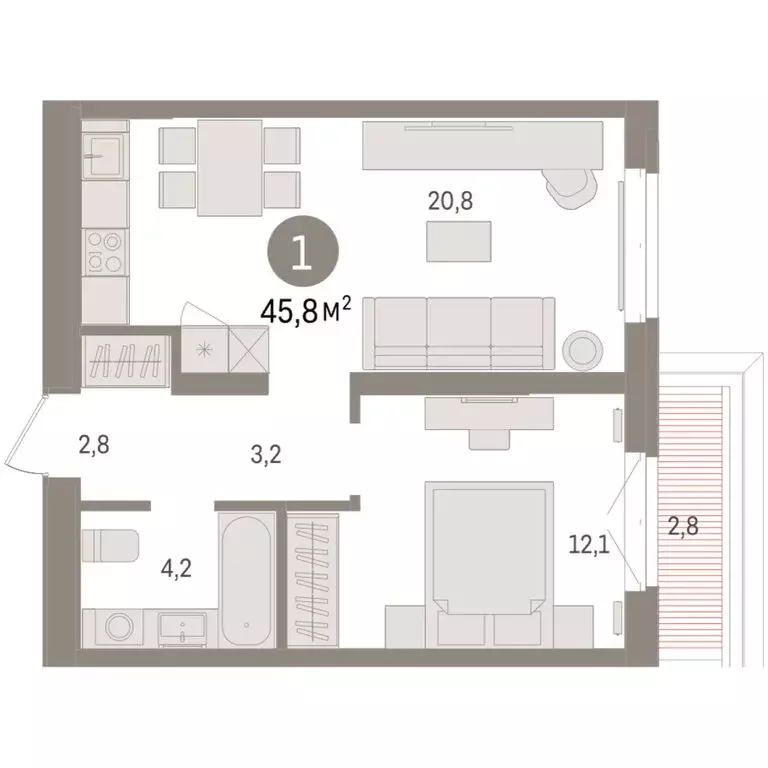 1-комнатная квартира: Тюмень, жилой комплекс На Минской (45.82 м) - Фото 2
