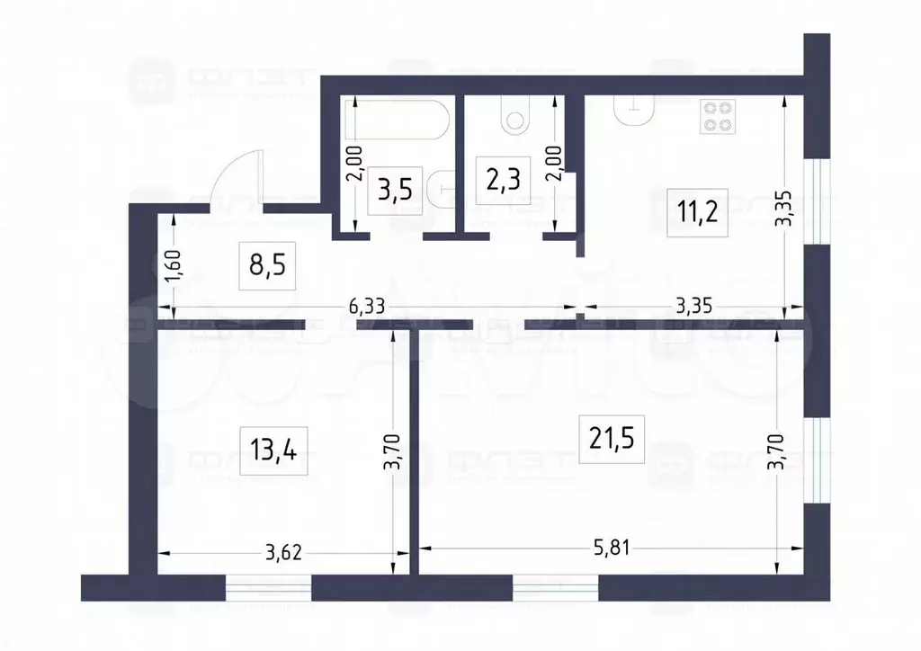 2-к. квартира, 60,4 м, 1/3 эт. - Фото 0