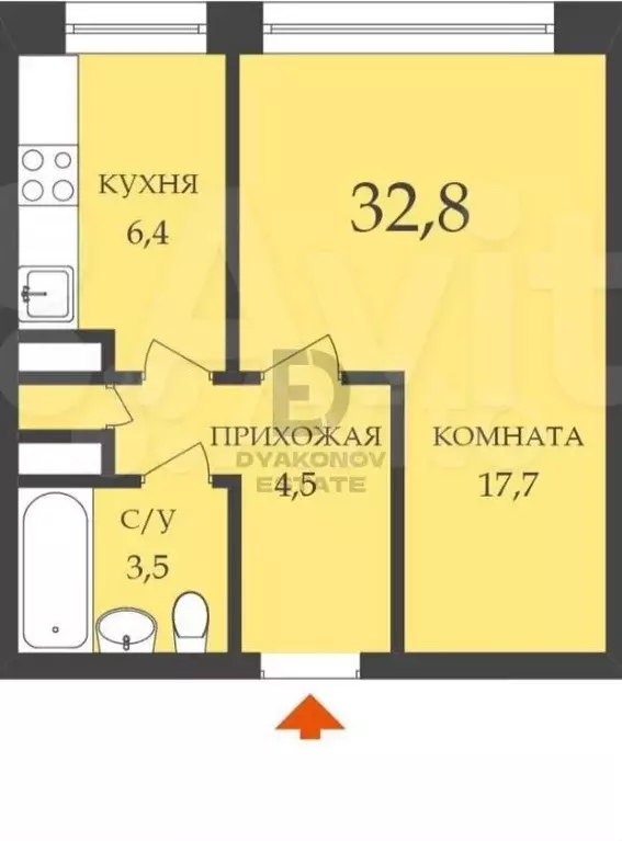 1-к. квартира, 32,8 м, 9/9 эт. - Фото 0