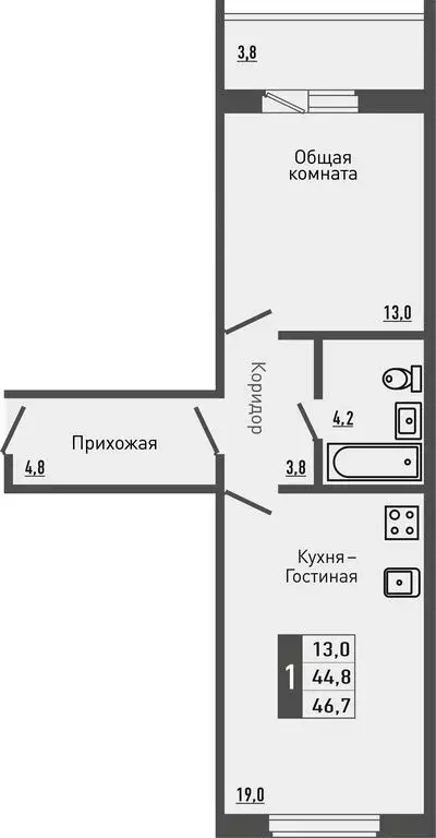1-комнатная квартира: деревня Жилина, Садовая улица, 2к2 (46.8 м) - Фото 1
