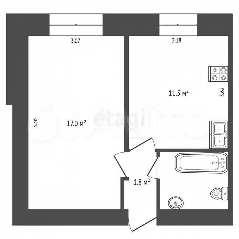 1-к. квартира, 34,3 м, 3/9 эт. - Фото 0