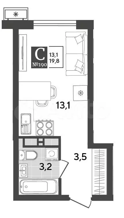 Квартира-студия, 19,8 м, 14/18 эт. - Фото 1