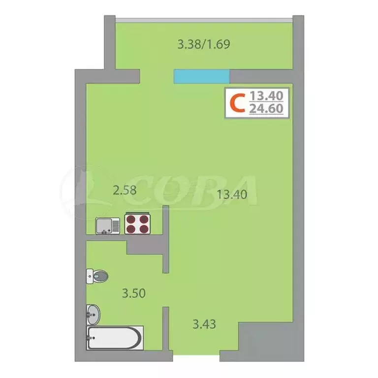 1-комнатная квартира: Тюмень, Интернациональная улица, 199к1 (24.6 м) - Фото 1