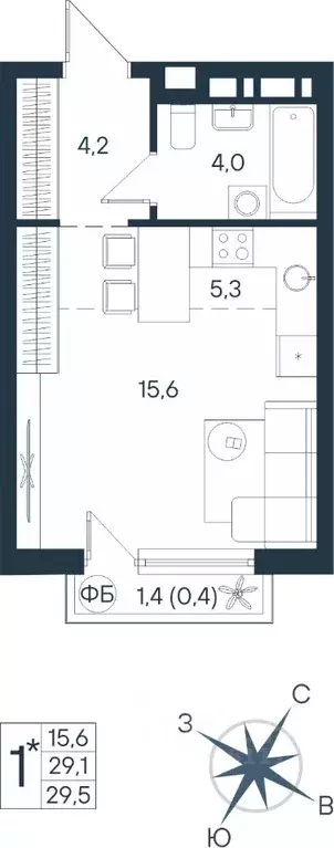 Студия Пермский край, Пермь ул. Космонавта Беляева, 17 (29.5 м) - Фото 1
