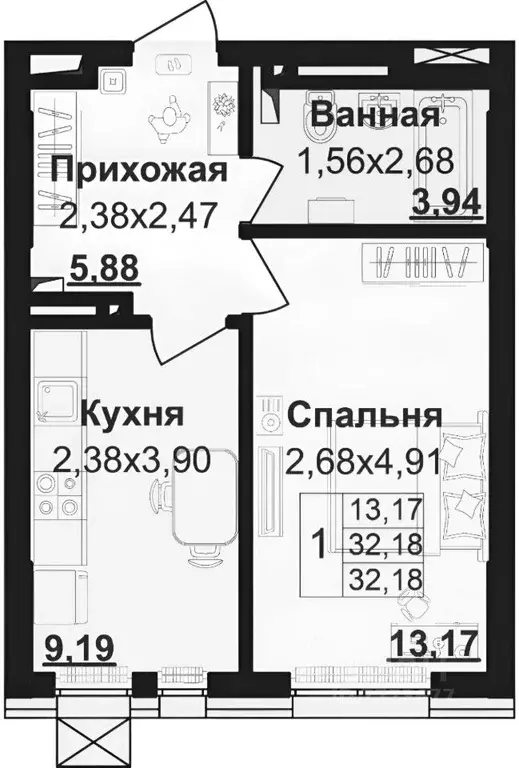 1-к кв. Башкортостан, Уфа ул. Пархоменко, 156Б (34.6 м) - Фото 2