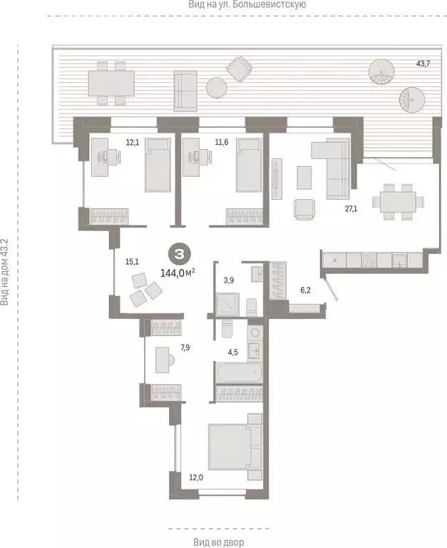 3-комнатная квартира: Новосибирск, Большевистская улица, 88 (143.99 м) - Фото 1