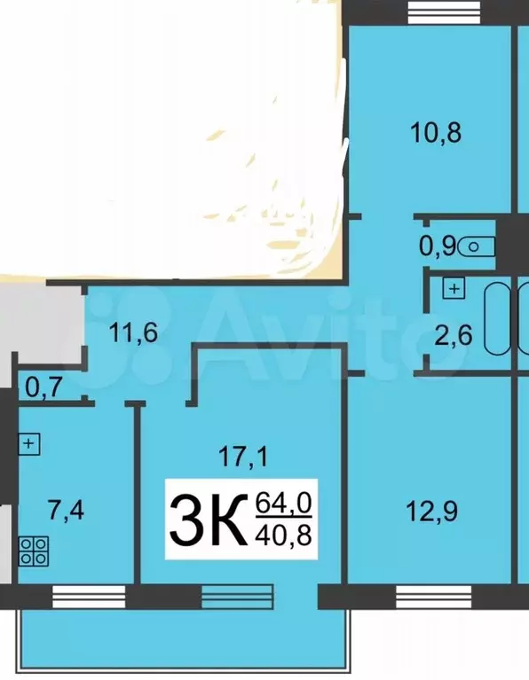 3-к. квартира, 64 м, 5/9 эт. - Фото 0