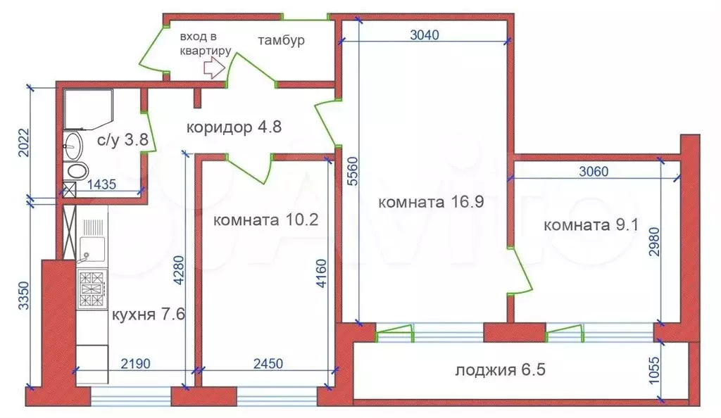 3-к. квартира, 53,1 м, 9/9 эт. - Фото 0