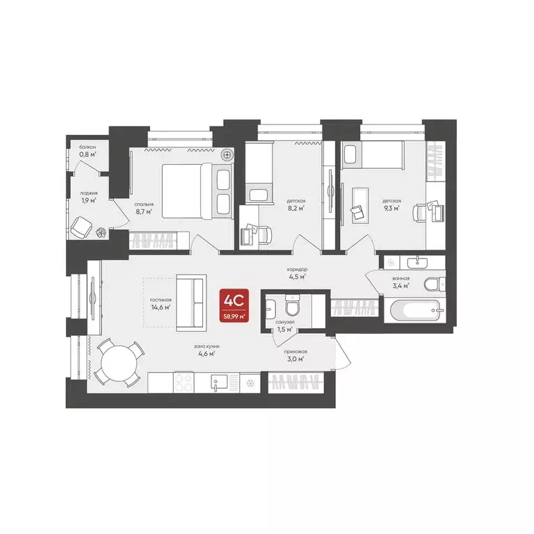 4-комнатная квартира: Новосибирск, Промышленная улица, 7 (58.99 м) - Фото 1