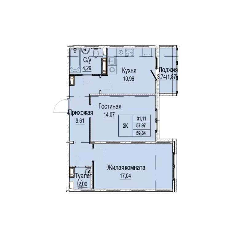 2-к квартира, 59.84 м - Фото 0
