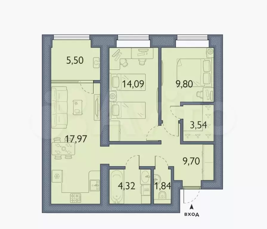 2-к. квартира, 66,8 м, 4/8 эт. - Фото 1