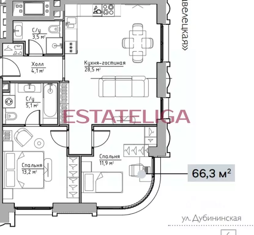 2-к кв. Москва Дубининская ул., 59к8 (66.3 м) - Фото 0