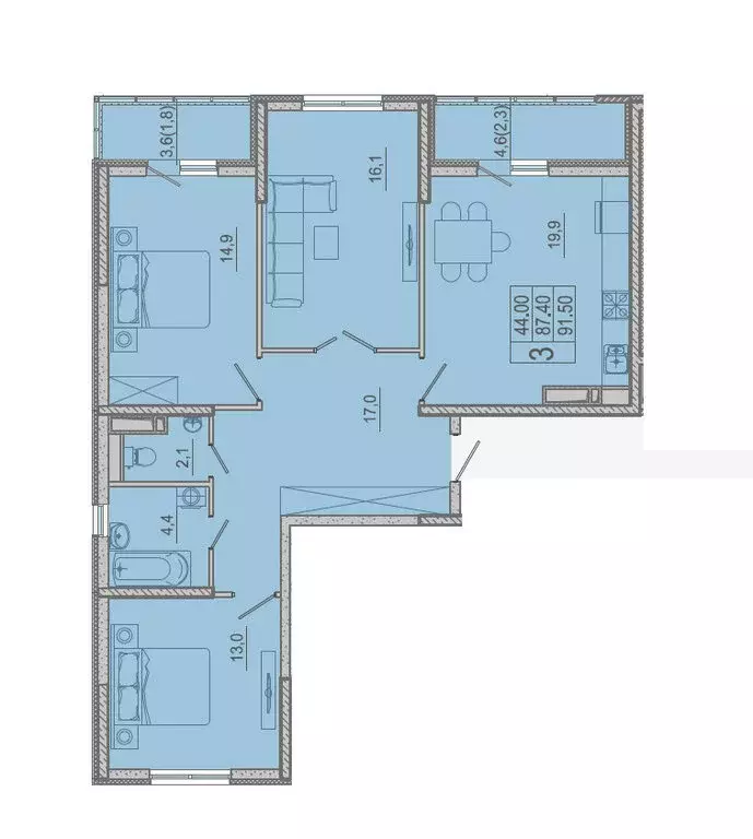 3-комнатная квартира: Новороссийск, улица Куникова, 55к2 (87.5 м) - Фото 0