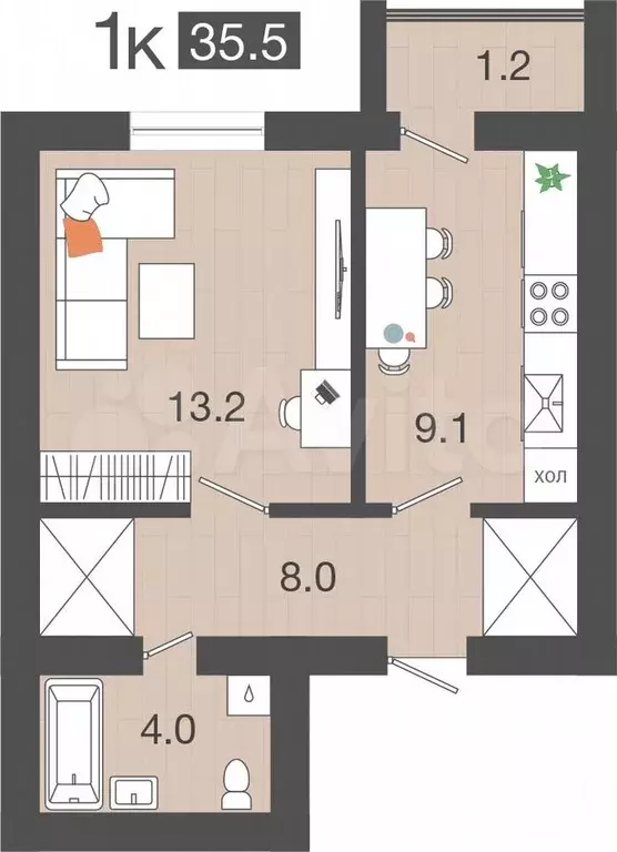 1-к. квартира, 35,5 м, 2/4 эт. - Фото 1