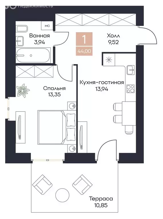 1-комнатная квартира: село Поляны, Новая улица, 2 (44.01 м) - Фото 0