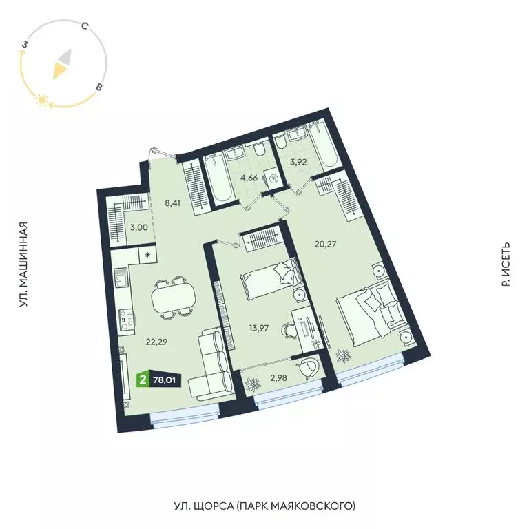 2-комнатная квартира: Екатеринбург, Машинная улица, 1В/4 (78.01 м) - Фото 1