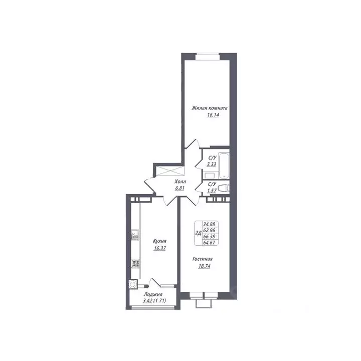 2-к кв. Ставропольский край, Ессентуки Октябрьская ул., 8/5 (64.67 м) - Фото 0