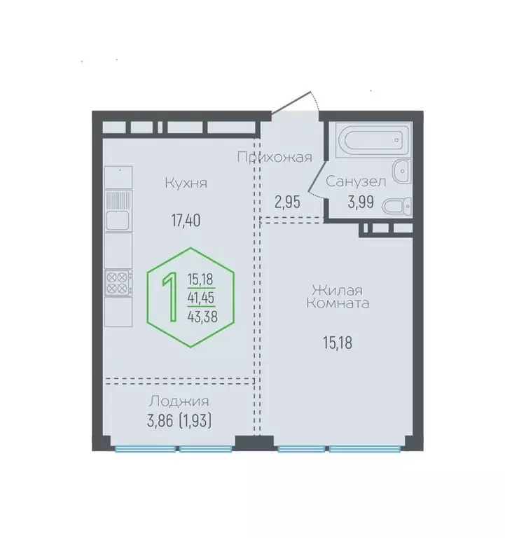 1-к квартира, 41.45 м - Фото 0