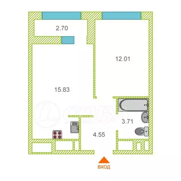 1-комнатная квартира: Тюмень, улица Первооткрывателей, 9 (34 м) - Фото 0