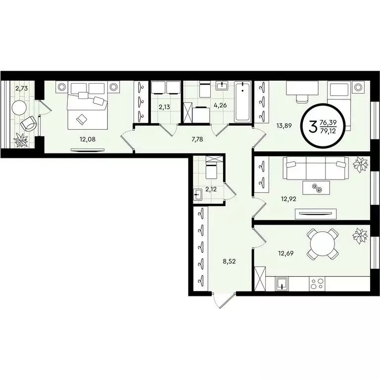 3-комнатная квартира: Тюмень, улица Александра Звягина, 6 (79.12 м) - Фото 0