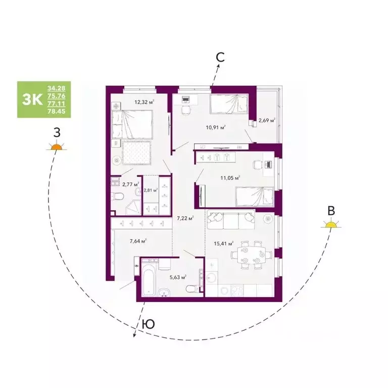 3-к кв. Свердловская область, Екатеринбург просп. Космонавтов, 103А ... - Фото 1