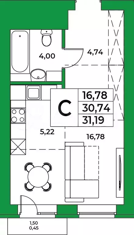 1-к. квартира, 31,2 м, 4/9 эт. - Фото 0