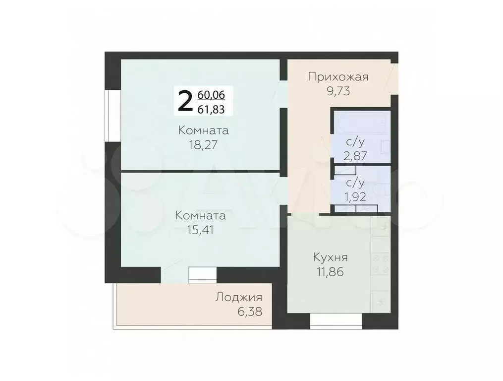 2-к. квартира, 61,8 м, 5/17 эт. - Фото 0