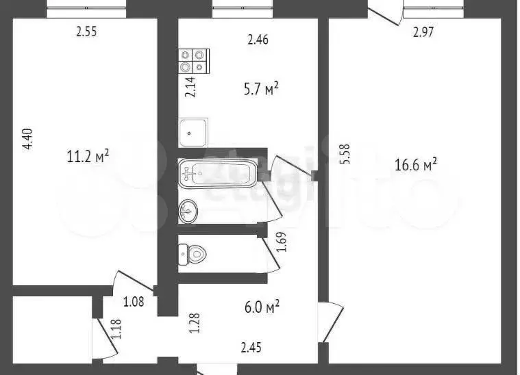 2-к. квартира, 42,6 м, 1/5 эт. - Фото 0