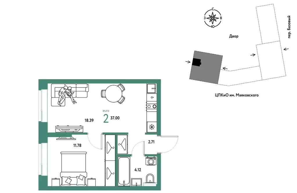 2-к кв. Свердловская область, Екатеринбург пер. Базовый, 10 (37.0 м) - Фото 1